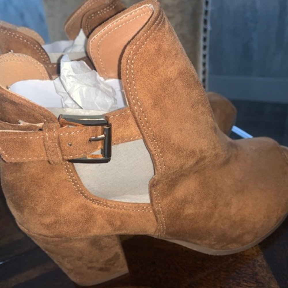 Top Moda faux suede peep-toe ankle bootie Cognac 9